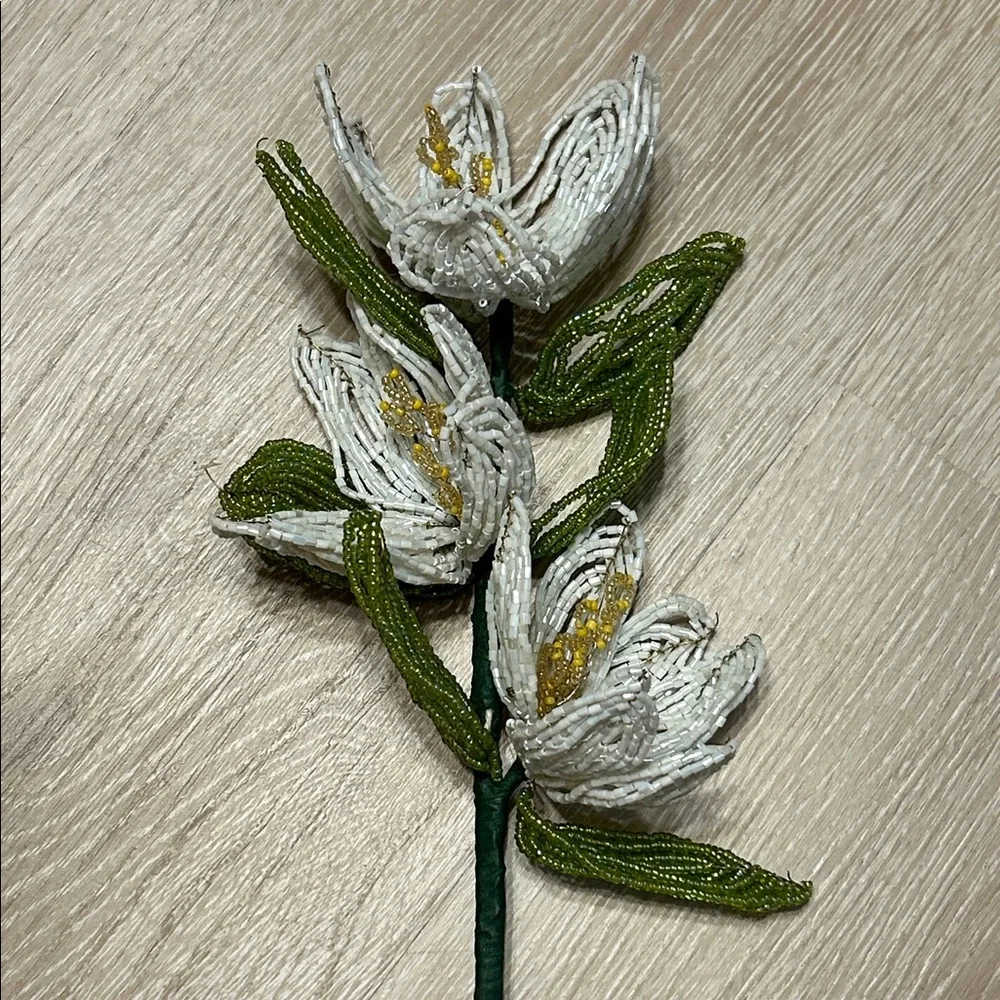 Handcrafted French White Glass Beaded Flower Stem Vintage Inspired Decorative